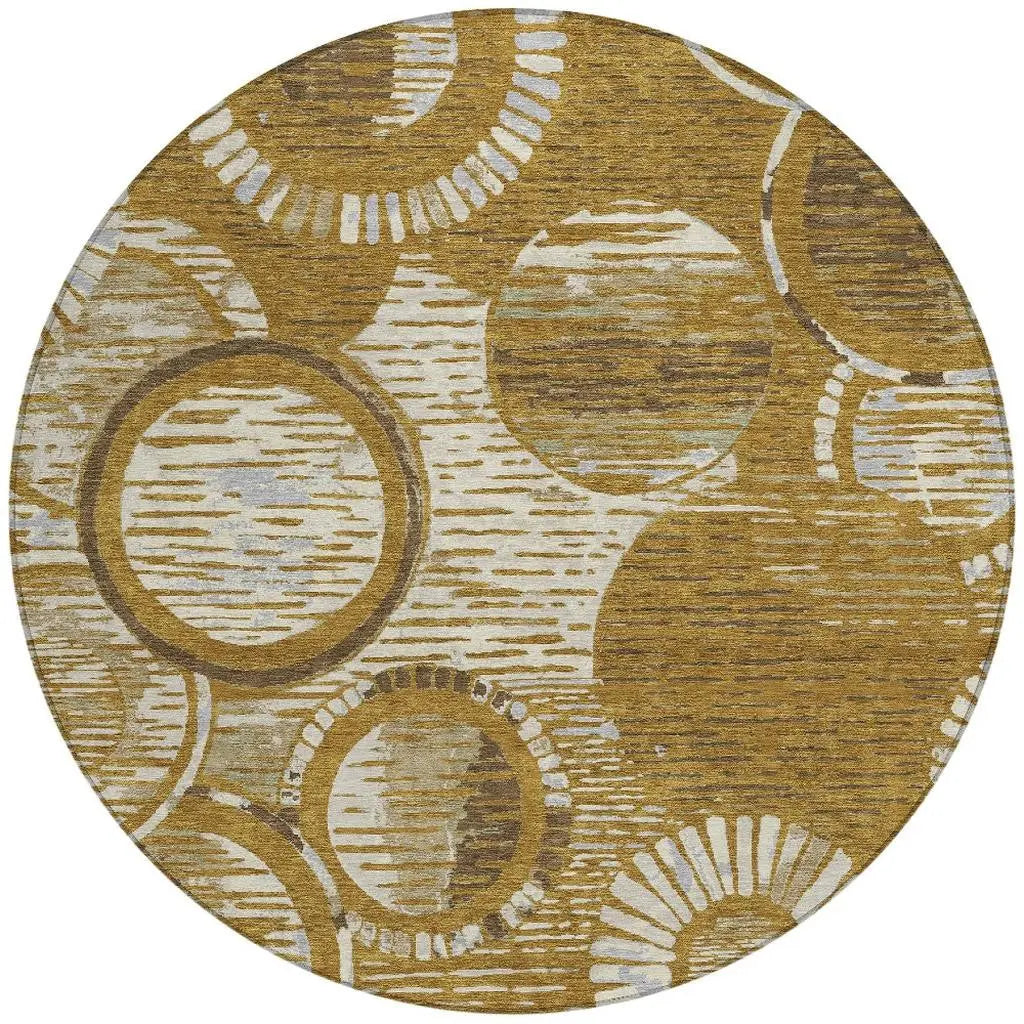 8' Walnut And Gold Round Geometric Washable Indoor Outdoor Area Rug Homeroots Outdoor