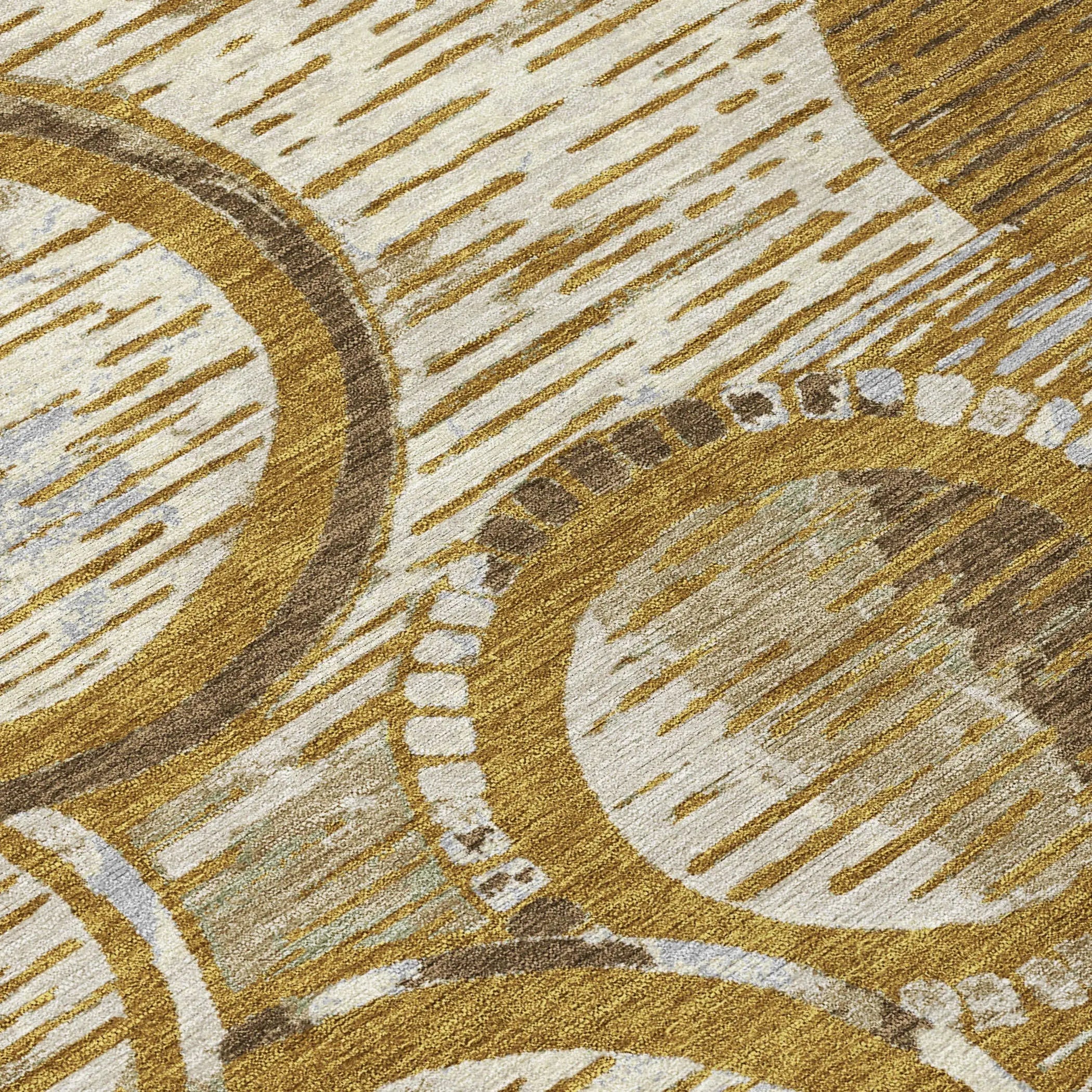 8' Walnut And Gold Round Geometric Washable Indoor Outdoor Area Rug Homeroots Outdoor