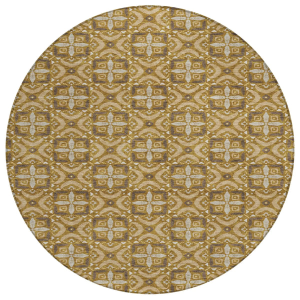 8' Walnut And Gold Round Geometric Washable Indoor Outdoor Area Rug Homeroots Outdoor