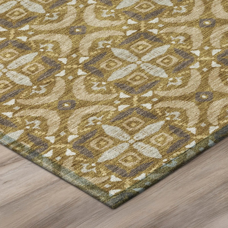 8' Walnut And Gold Round Geometric Washable Indoor Outdoor Area Rug Homeroots Outdoor