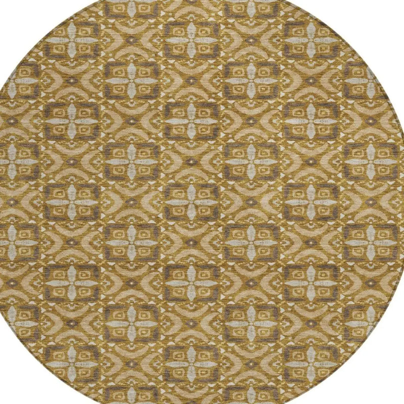 8' Walnut And Gold Round Geometric Washable Indoor Outdoor Area Rug Homeroots Outdoor