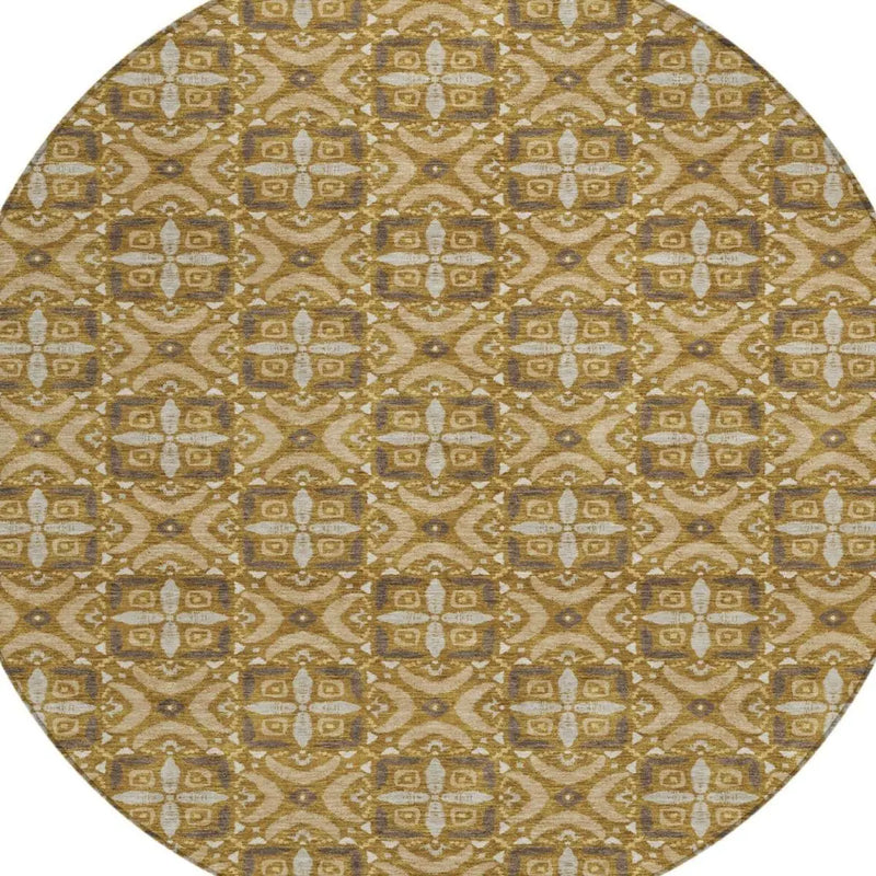 8' Walnut And Gold Round Geometric Washable Indoor Outdoor Area Rug Homeroots Outdoor