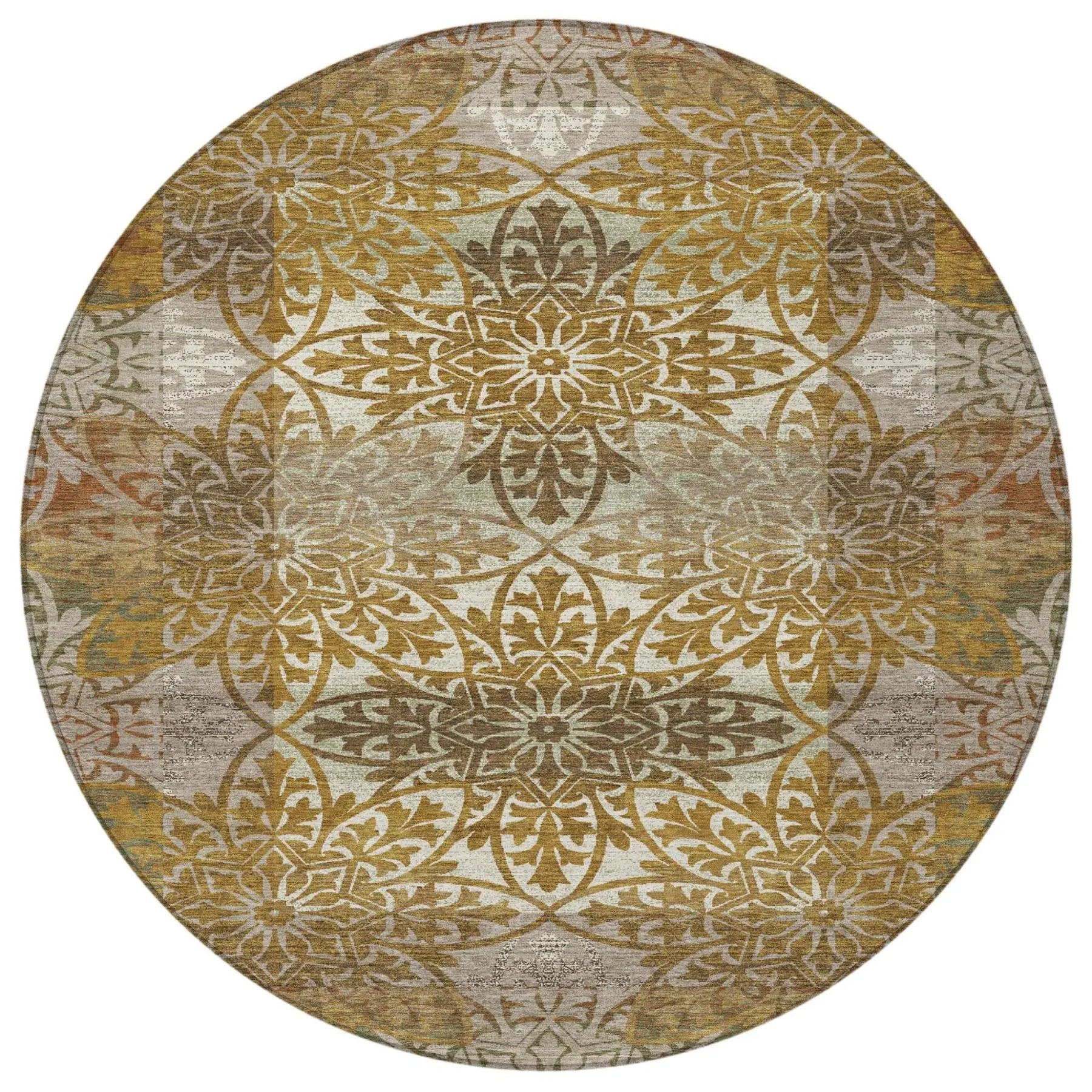 8' Walnut And Gold Round Oriental Washable Indoor Outdoor Area Rug Homeroots Outdoor