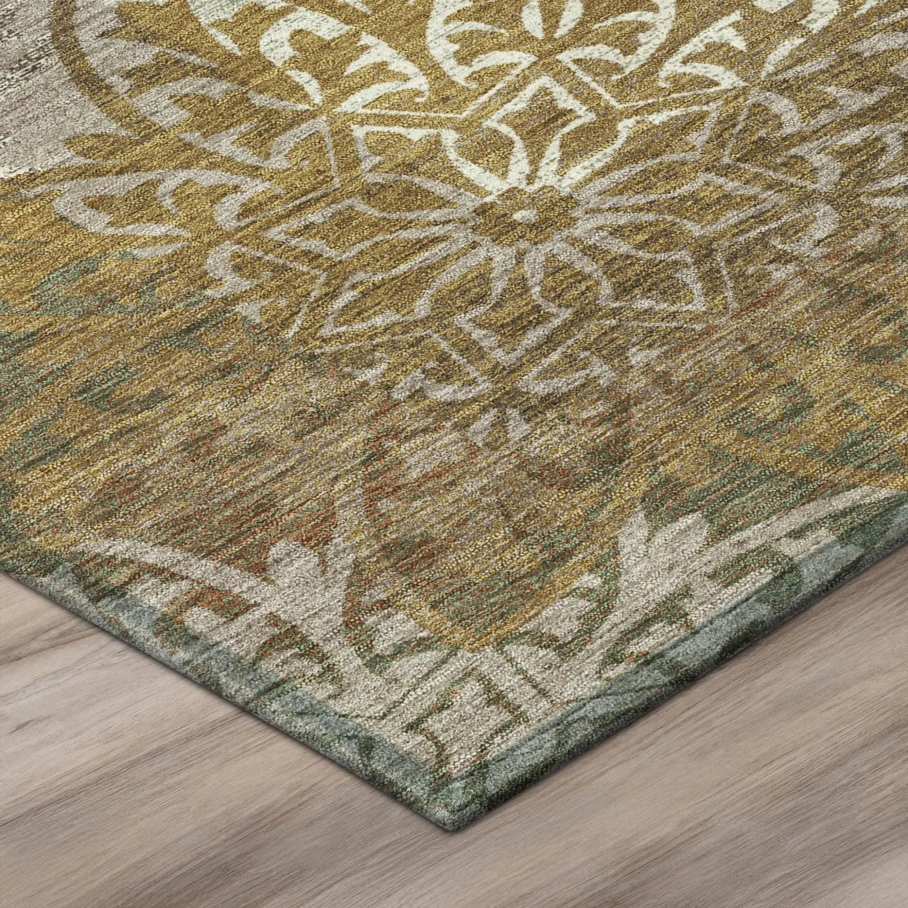 8' Walnut And Gold Round Oriental Washable Indoor Outdoor Area Rug Homeroots Outdoor