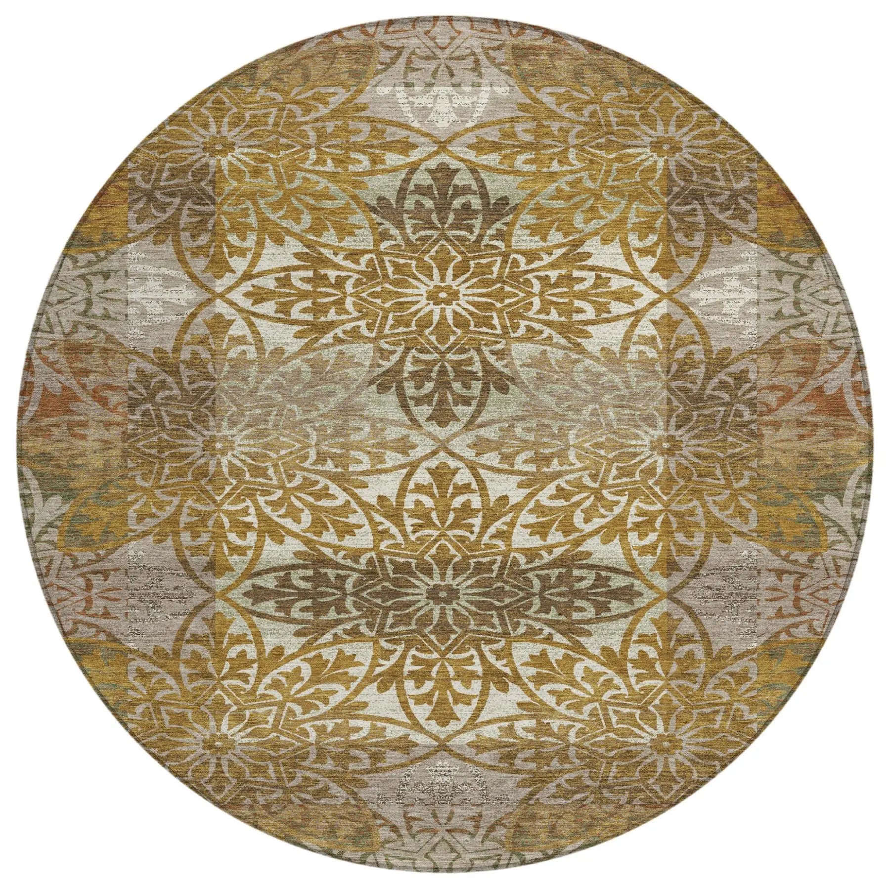 8' Walnut And Gold Round Oriental Washable Indoor Outdoor Area Rug Homeroots Outdoor