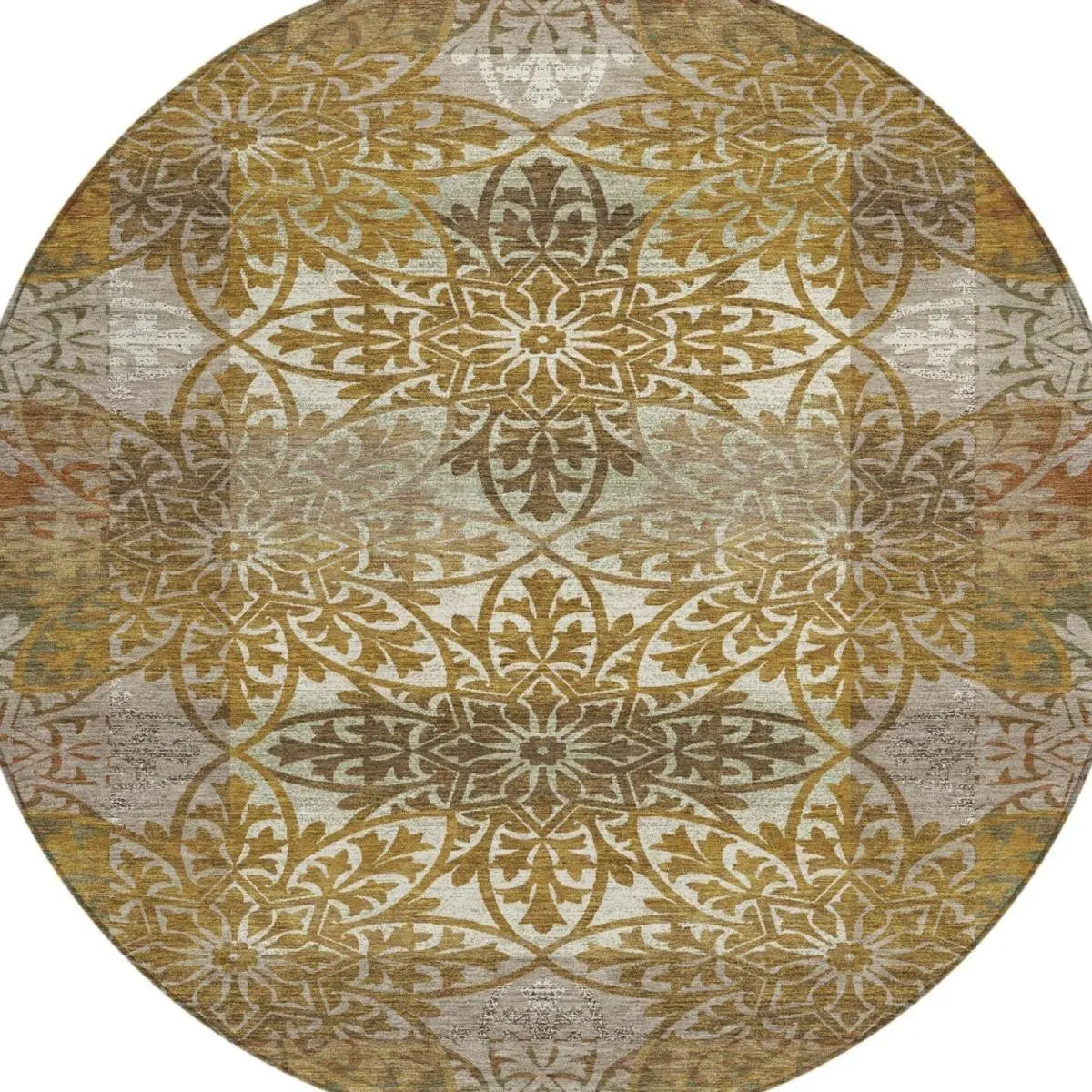 8' Walnut And Gold Round Oriental Washable Indoor Outdoor Area Rug Homeroots Outdoor