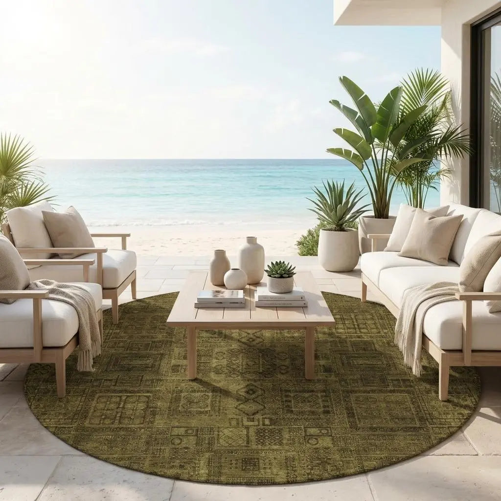 8' Walnut And Gold Round Oriental Washable Indoor Outdoor Area Rug Homeroots Outdoor