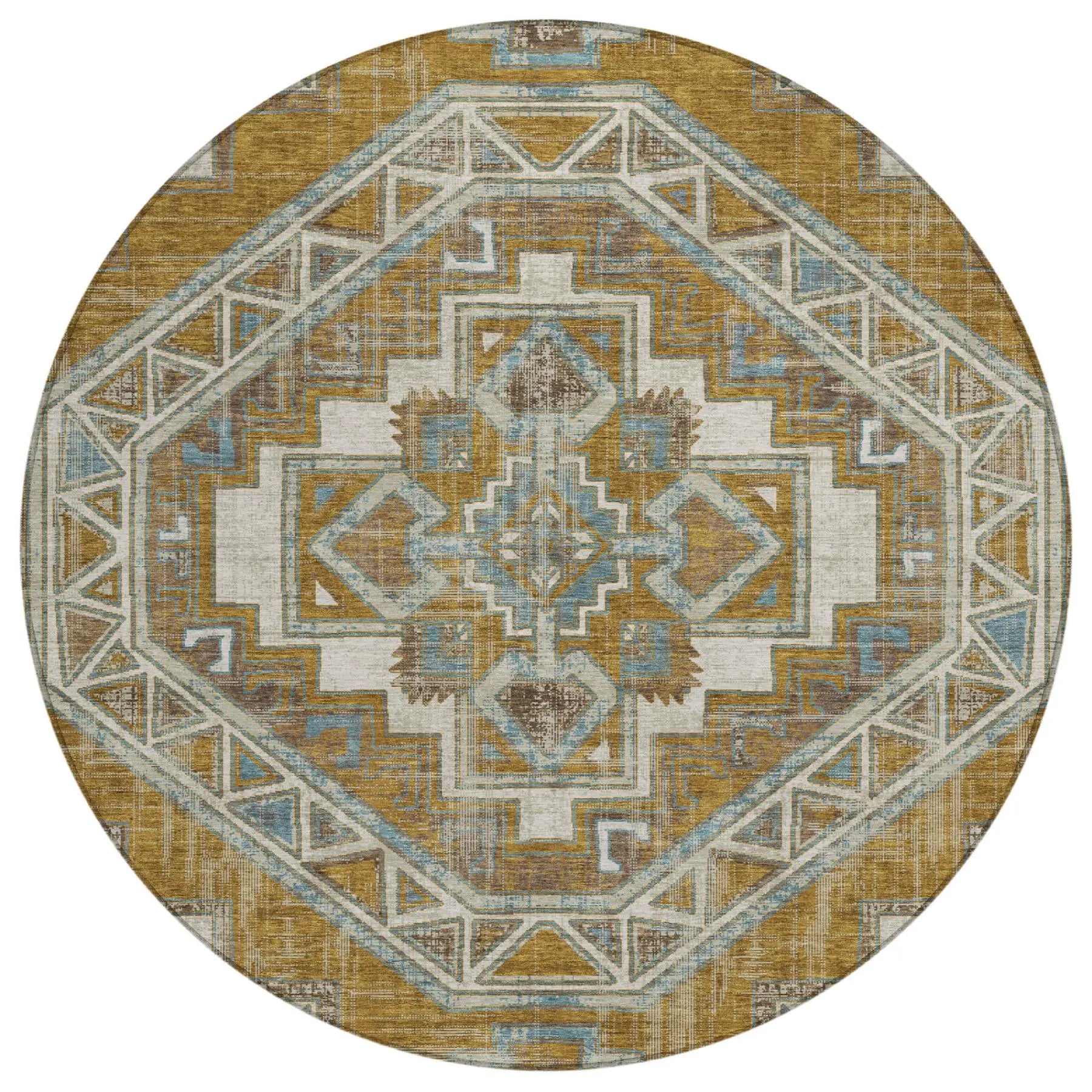 8' Walnut And Gold Round Southwestern Washable Indoor Outdoor Area Rug Homeroots Outdoor