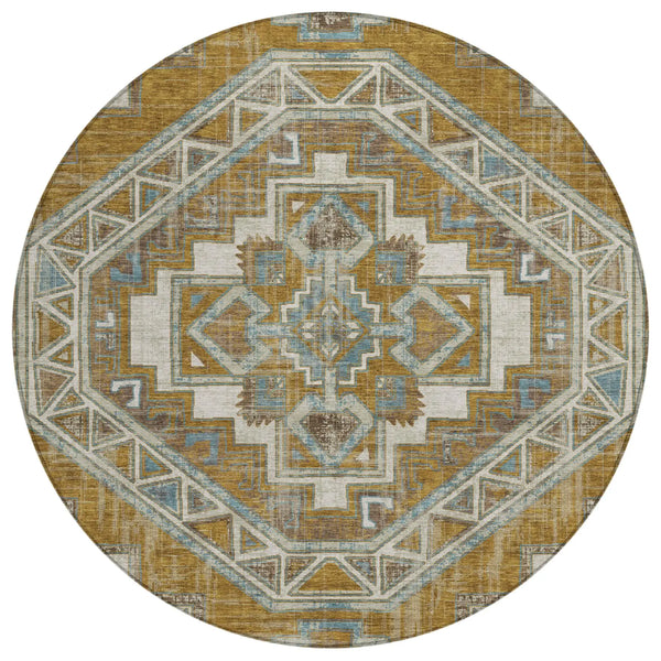 8' Walnut And Gold Round Southwestern Washable Indoor Outdoor Area Rug Homeroots Outdoor