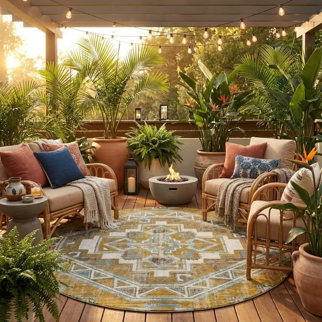 8' Walnut And Gold Round Southwestern Washable Indoor Outdoor Area Rug Homeroots Outdoor