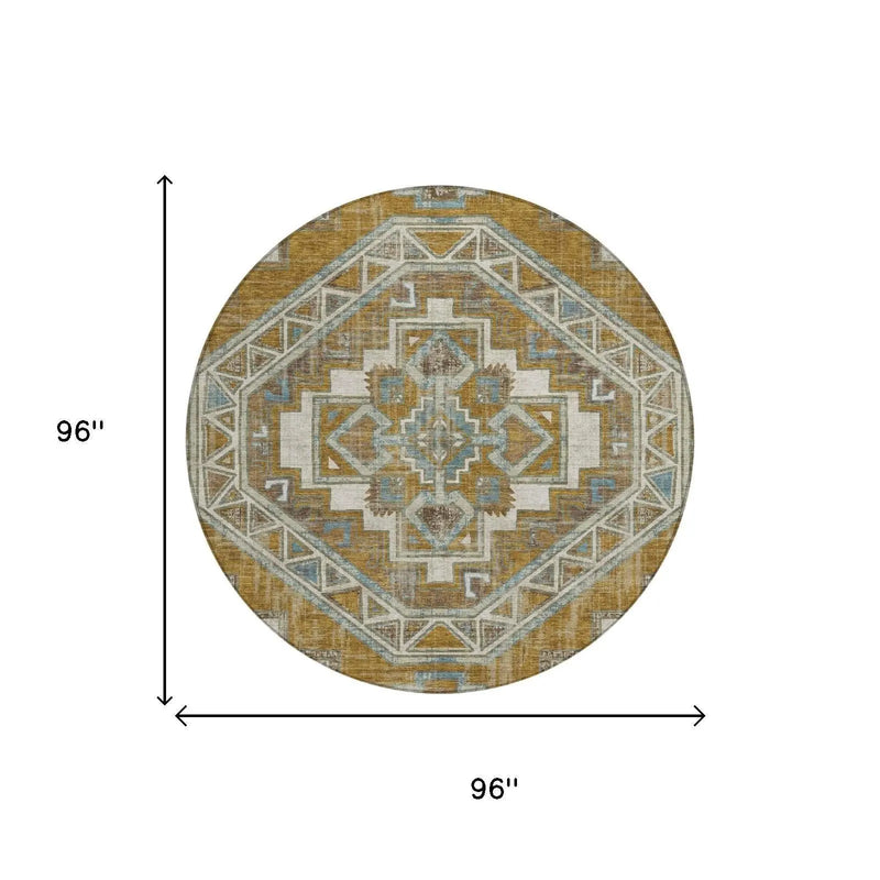 8' Walnut And Gold Round Southwestern Washable Indoor Outdoor Area Rug Homeroots Outdoor