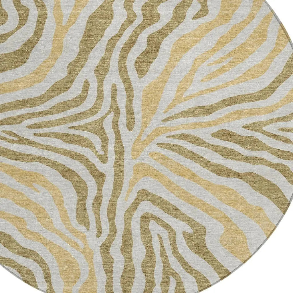 8' Walnut And Gold Round Zebra Print Washable Indoor Outdoor Area Rug Homeroots Outdoor