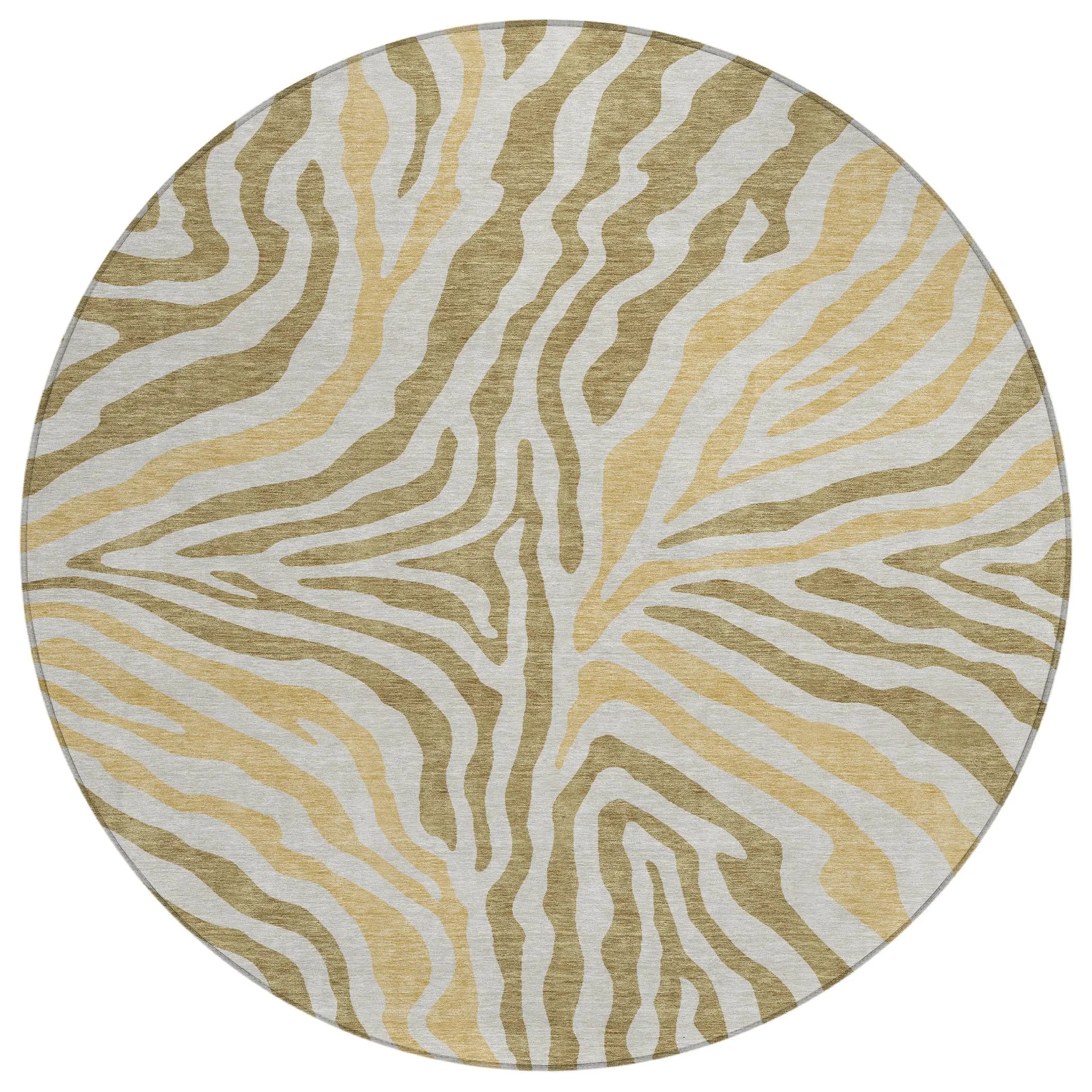 8' Walnut And Gold Round Zebra Print Washable Indoor Outdoor Area Rug Homeroots Outdoor
