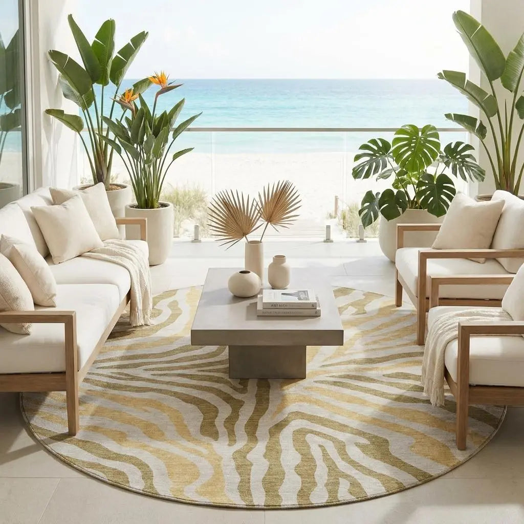 8' Walnut And Gold Round Zebra Print Washable Indoor Outdoor Area Rug Homeroots Outdoor