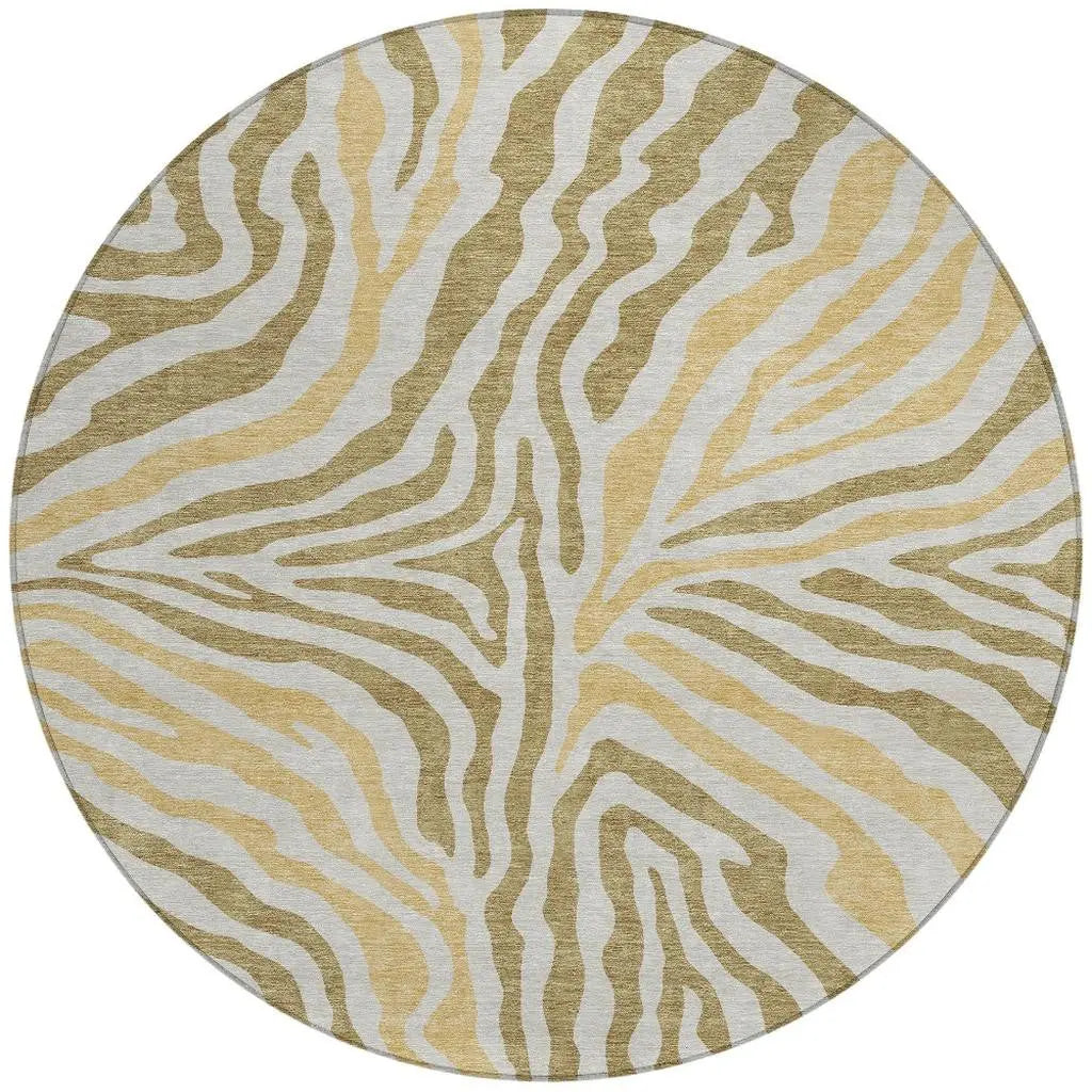 8' Walnut And Gold Round Zebra Print Washable Indoor Outdoor Area Rug Homeroots Outdoor
