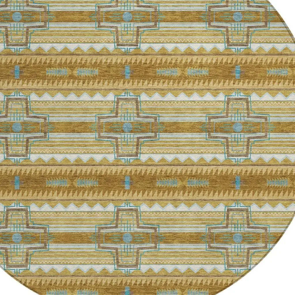 8' Walnut And Graphite Round Tribal Washable Indoor Outdoor Area Rug Homeroots Outdoor