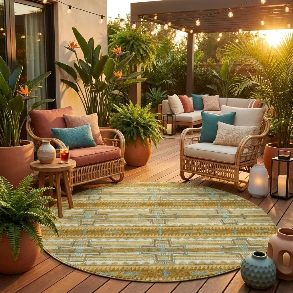 8' Walnut And Graphite Round Tribal Washable Indoor Outdoor Area Rug Homeroots Outdoor