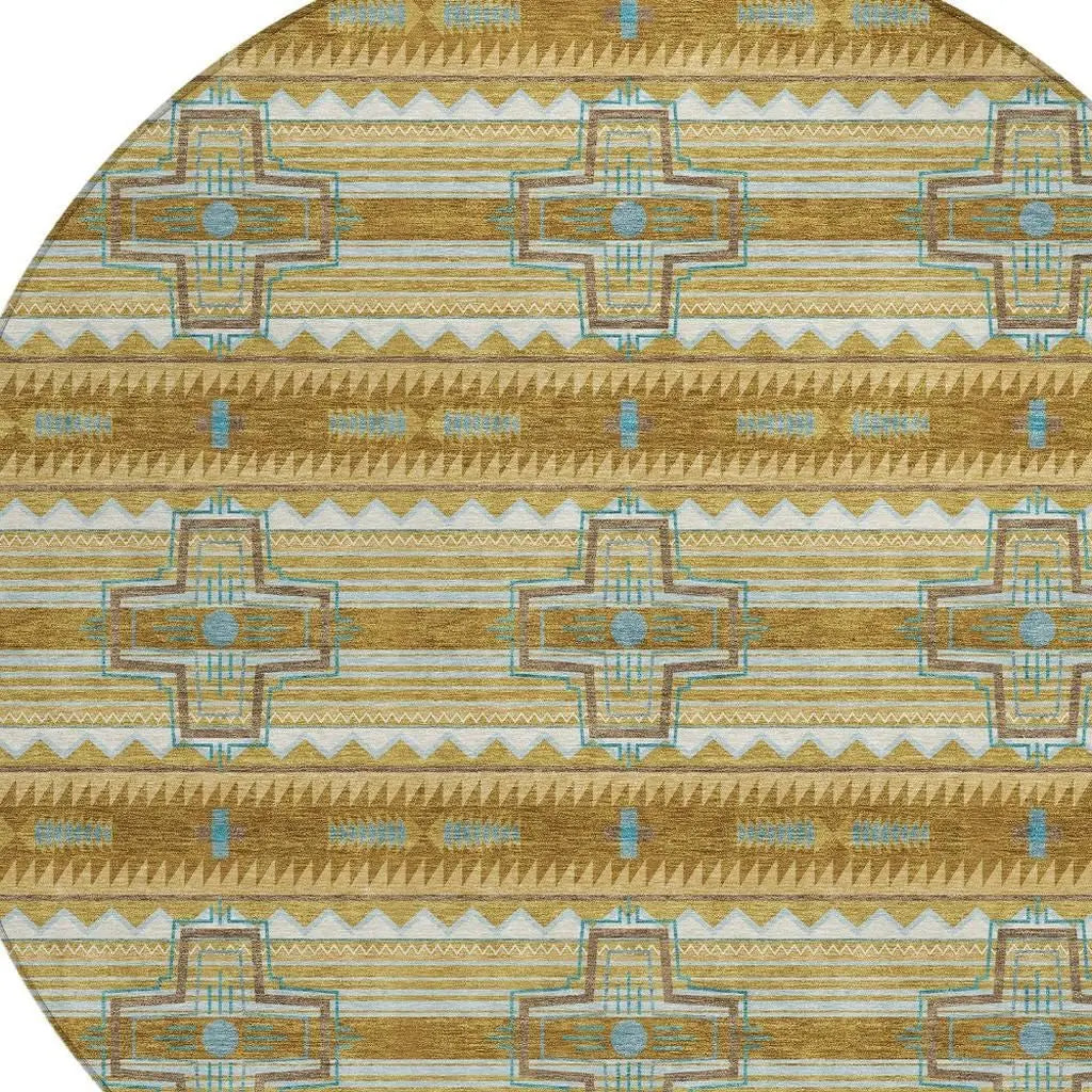 8' Walnut And Graphite Round Tribal Washable Indoor Outdoor Area Rug Homeroots Outdoor
