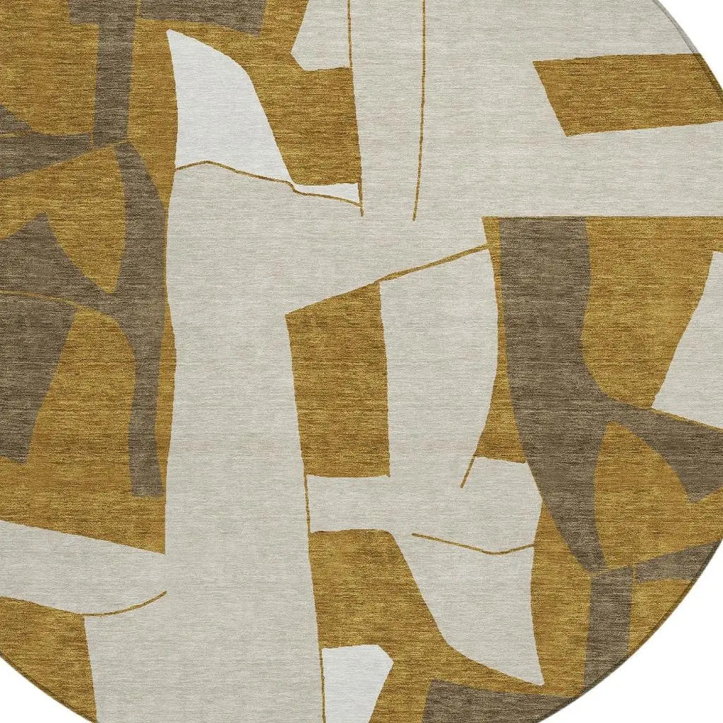 8' Walnut And Ivory Round Geometric Washable Indoor Outdoor Area Rug Homeroots Outdoor