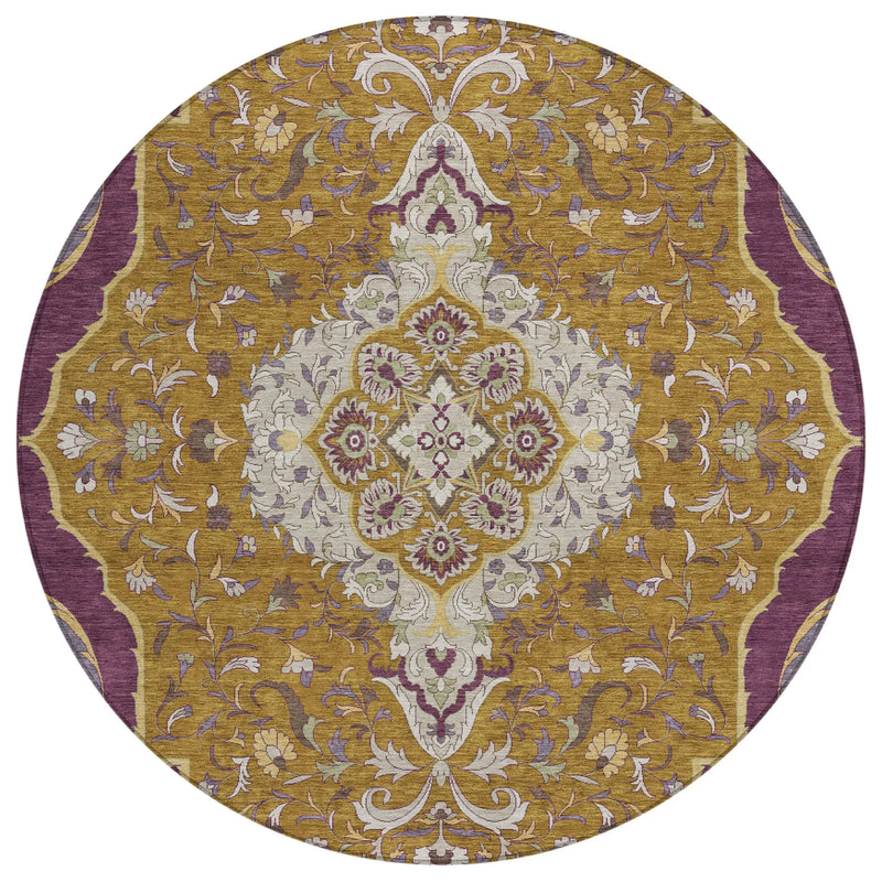 8' Walnut And Orange Round Medallion Washable Indoor Outdoor Area Rug Homeroots Outdoor