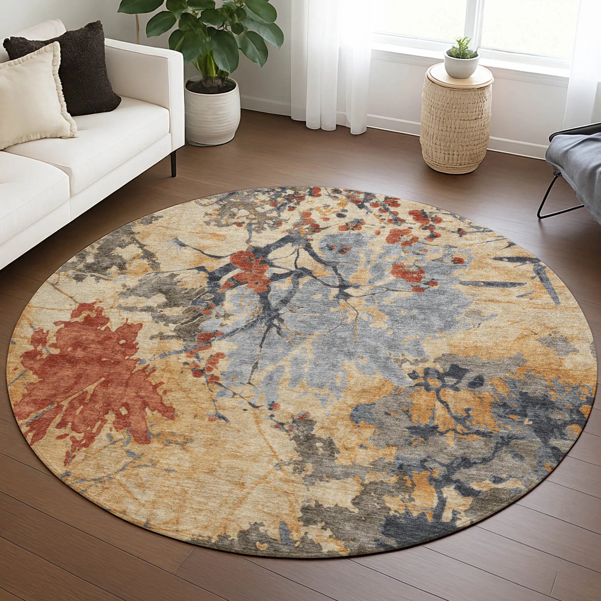 8' Wheat And Beige Round Abstract Washable Indoor Outdoor Area Rug Homeroots Outdoor