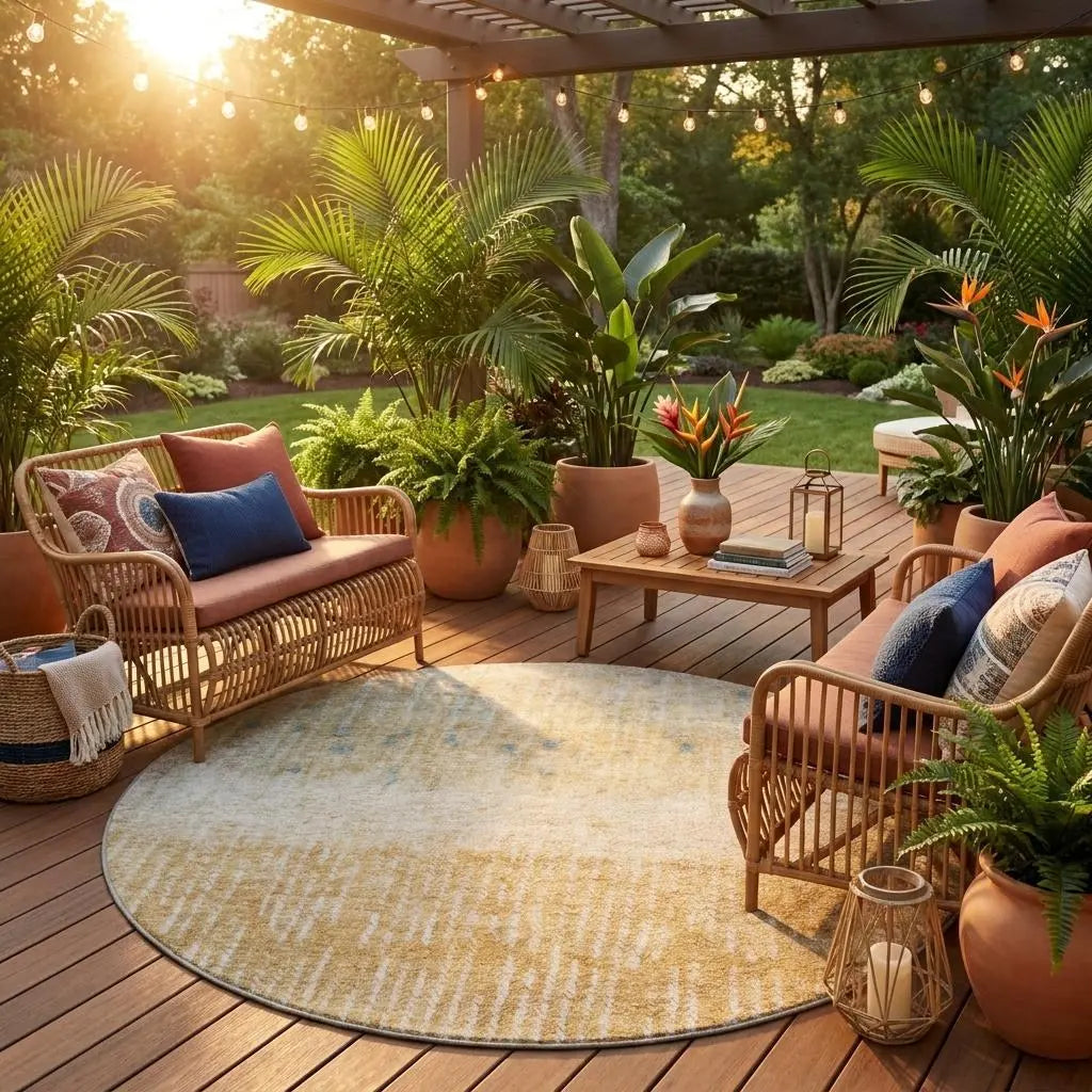 8' Wheat And Gold Round Abstract Washable Indoor Outdoor Area Rug Homeroots Outdoor