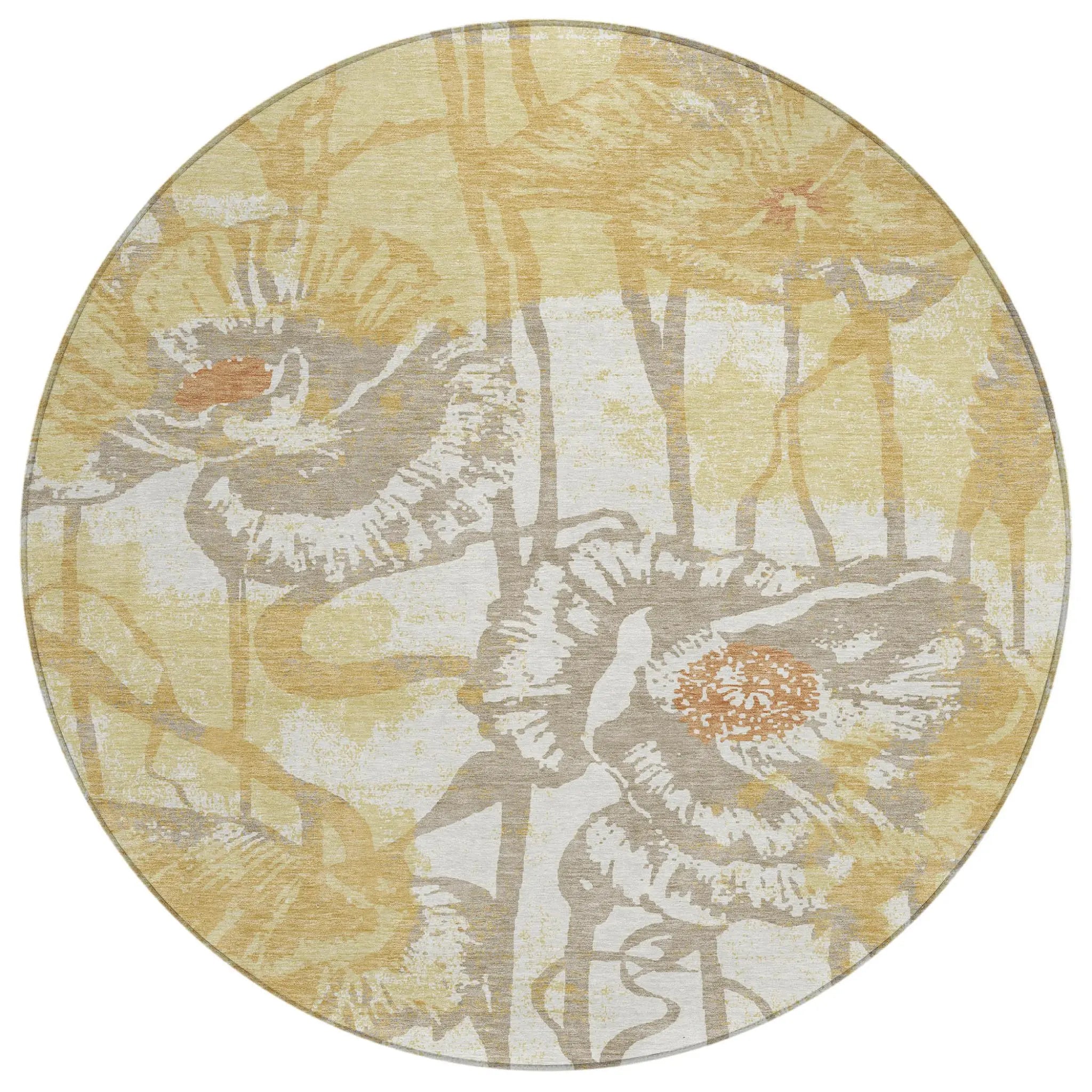 8' Wheat And Gold Round Floral Washable Indoor Outdoor Area Rug Homeroots Outdoor
