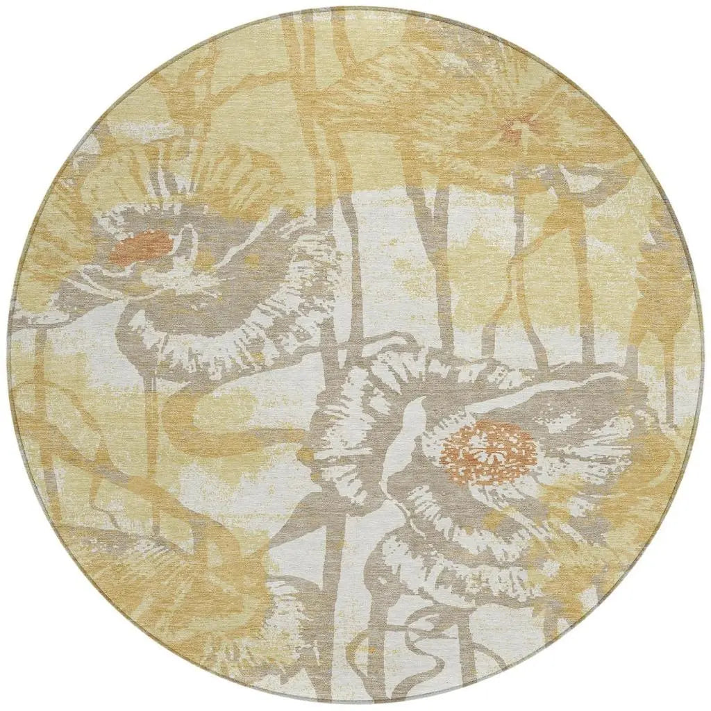 8' Wheat And Gold Round Floral Washable Indoor Outdoor Area Rug Homeroots Outdoor