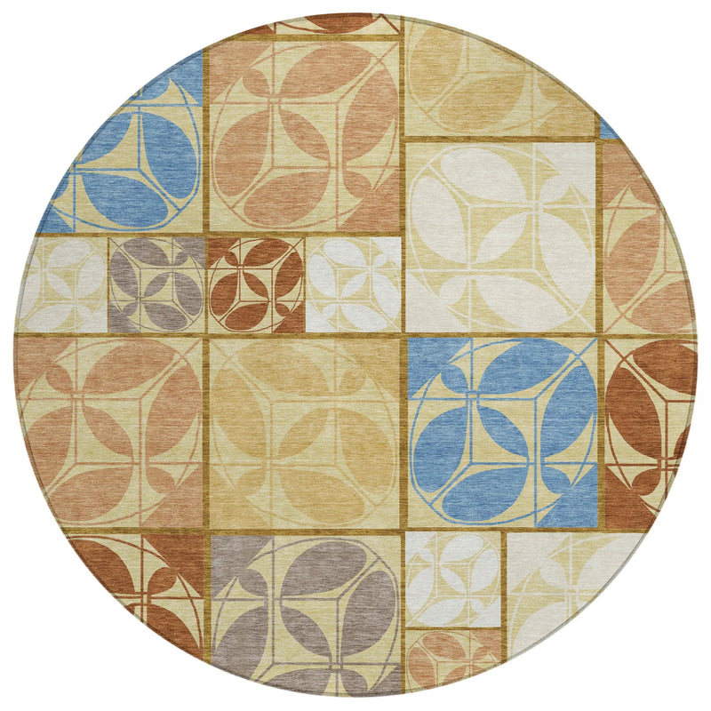 8' Wheat And Gold Round Geometric Washable Indoor Outdoor Area Rug Homeroots Outdoor