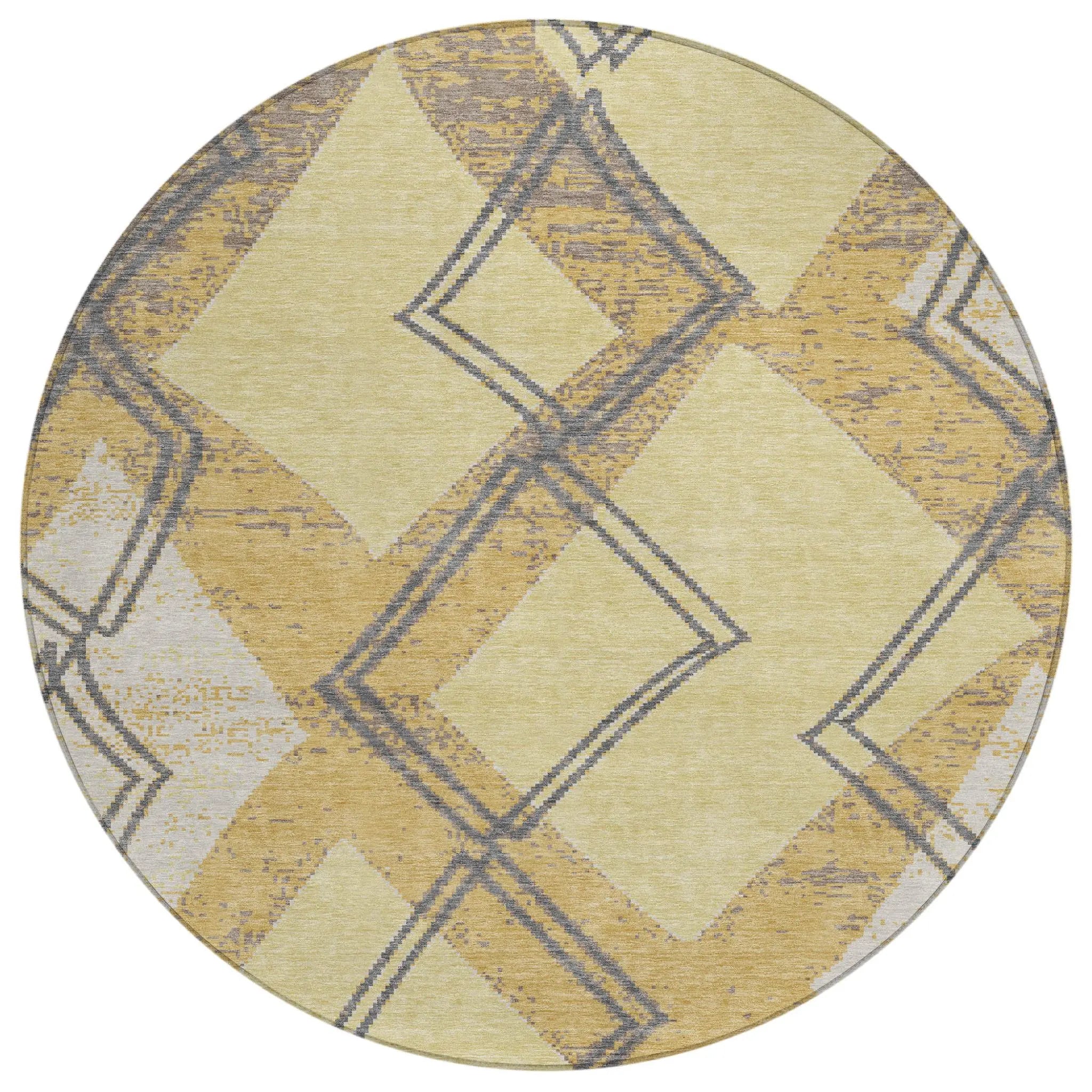 8' Wheat And Gold Round Geometric Washable Indoor Outdoor Area Rug Homeroots Outdoor