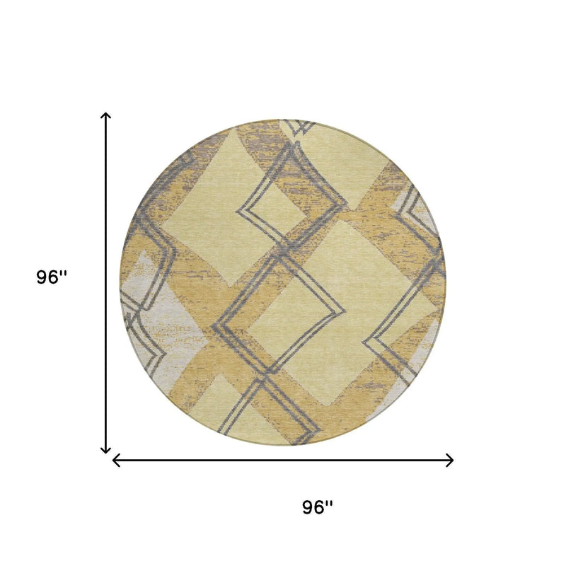 8' Wheat And Gold Round Geometric Washable Indoor Outdoor Area Rug Homeroots Outdoor