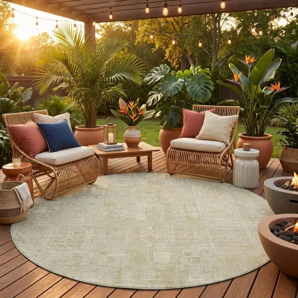 8' Wheat And Gold Round Oriental Washable Indoor Outdoor Area Rug Homeroots Outdoor