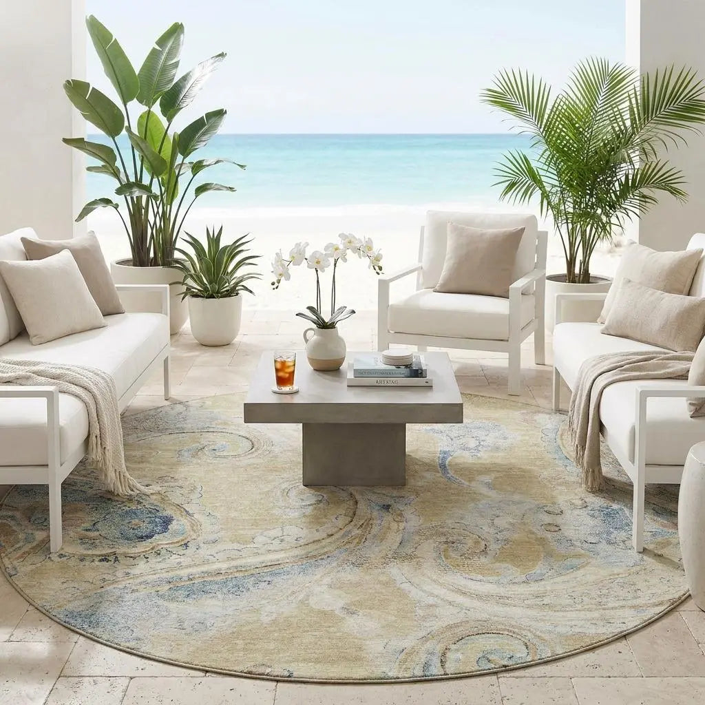 8' Wheat And Gold Round Paisley Washable Indoor Outdoor Area Rug Homeroots Outdoor