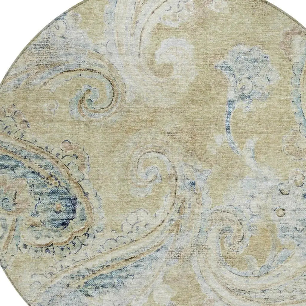 8' Wheat And Gold Round Paisley Washable Indoor Outdoor Area Rug Homeroots Outdoor