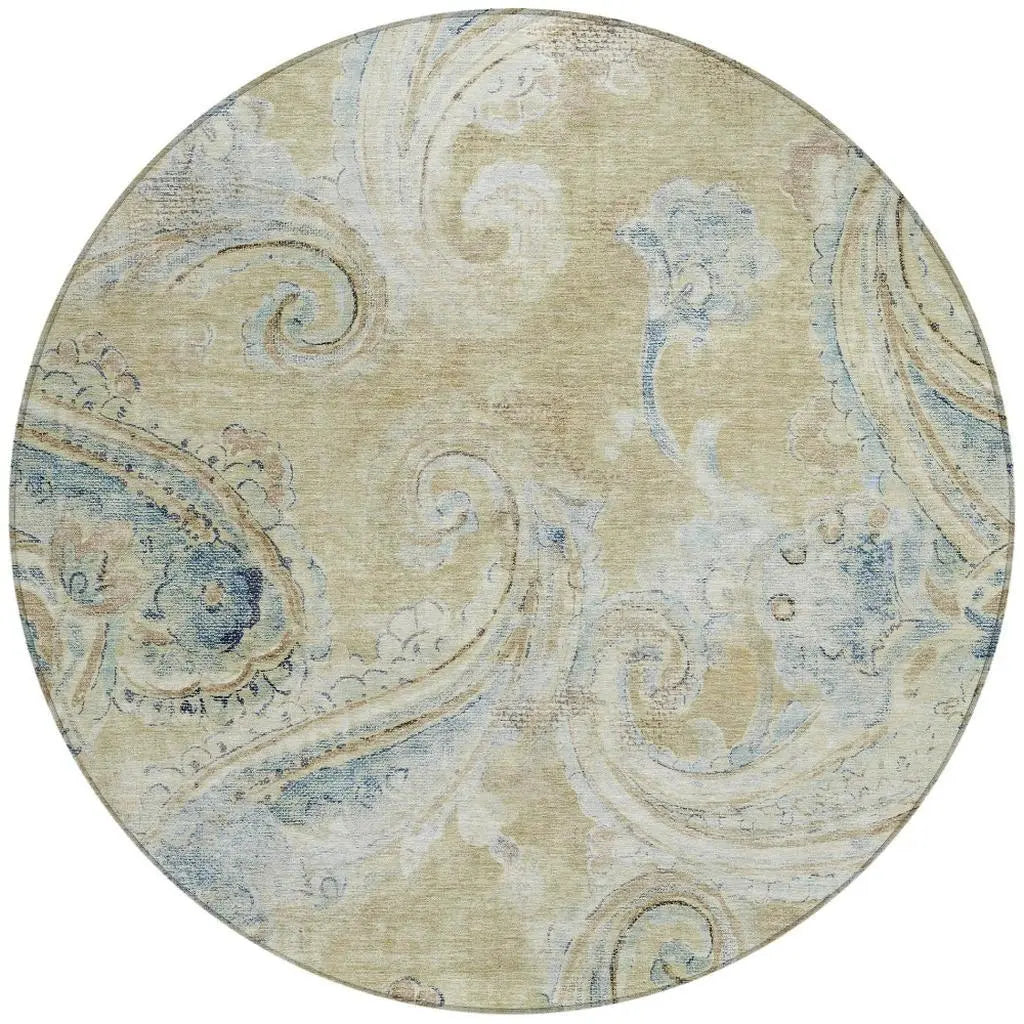 8' Wheat And Gold Round Paisley Washable Indoor Outdoor Area Rug Homeroots Outdoor