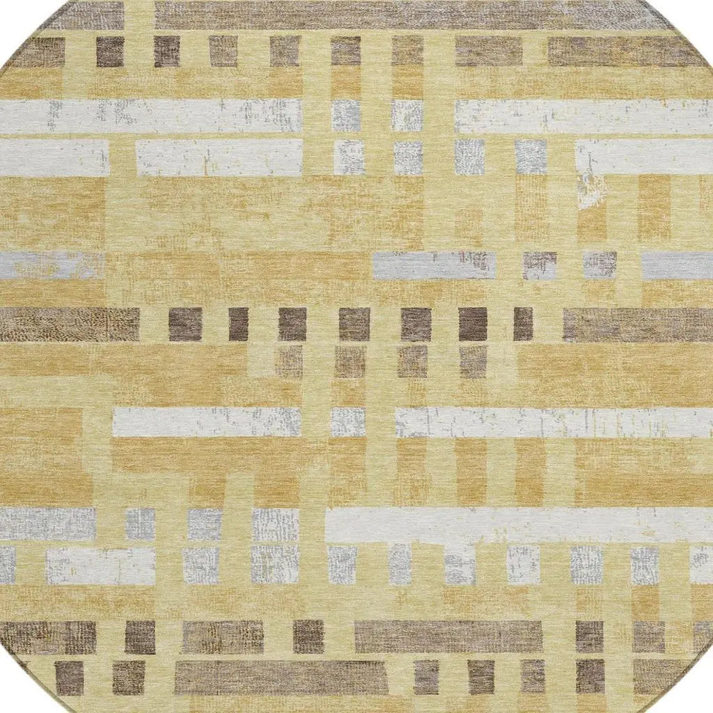 8' Wheat And Gold Round Striped Washable Indoor Outdoor Area Rug Homeroots Outdoor