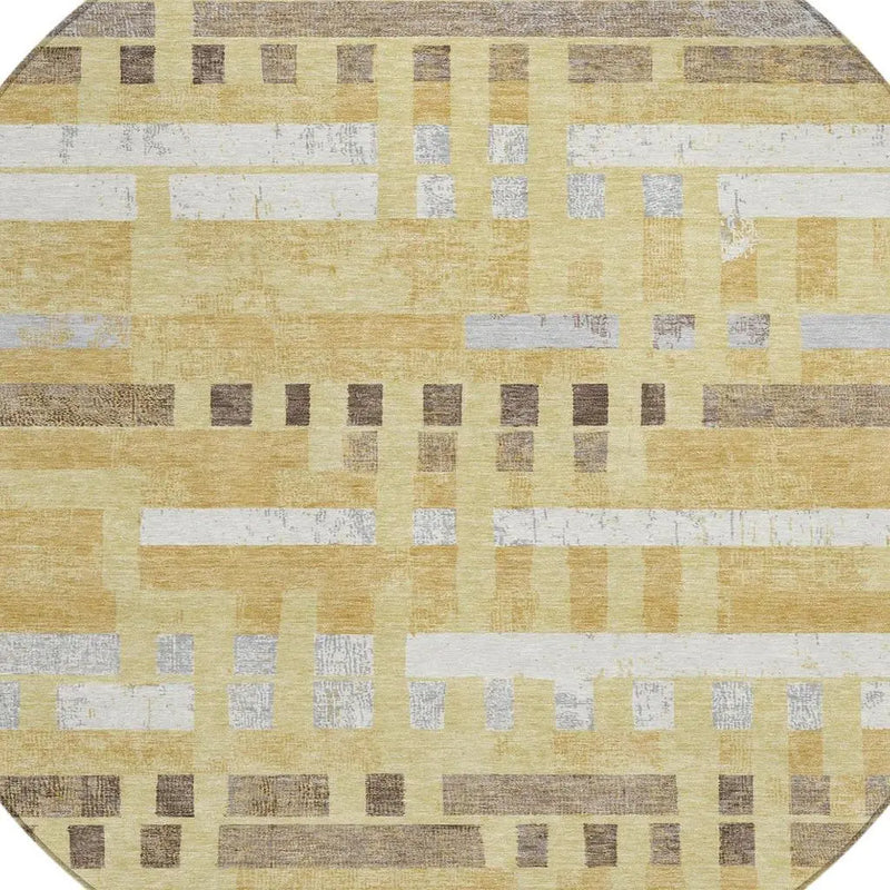 8' Wheat And Gold Round Striped Washable Indoor Outdoor Area Rug Homeroots Outdoor