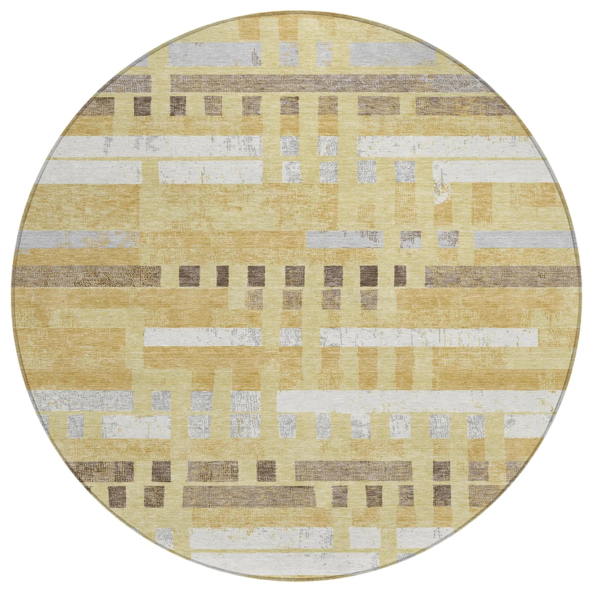 8' Wheat And Gold Round Striped Washable Indoor Outdoor Area Rug Homeroots Outdoor