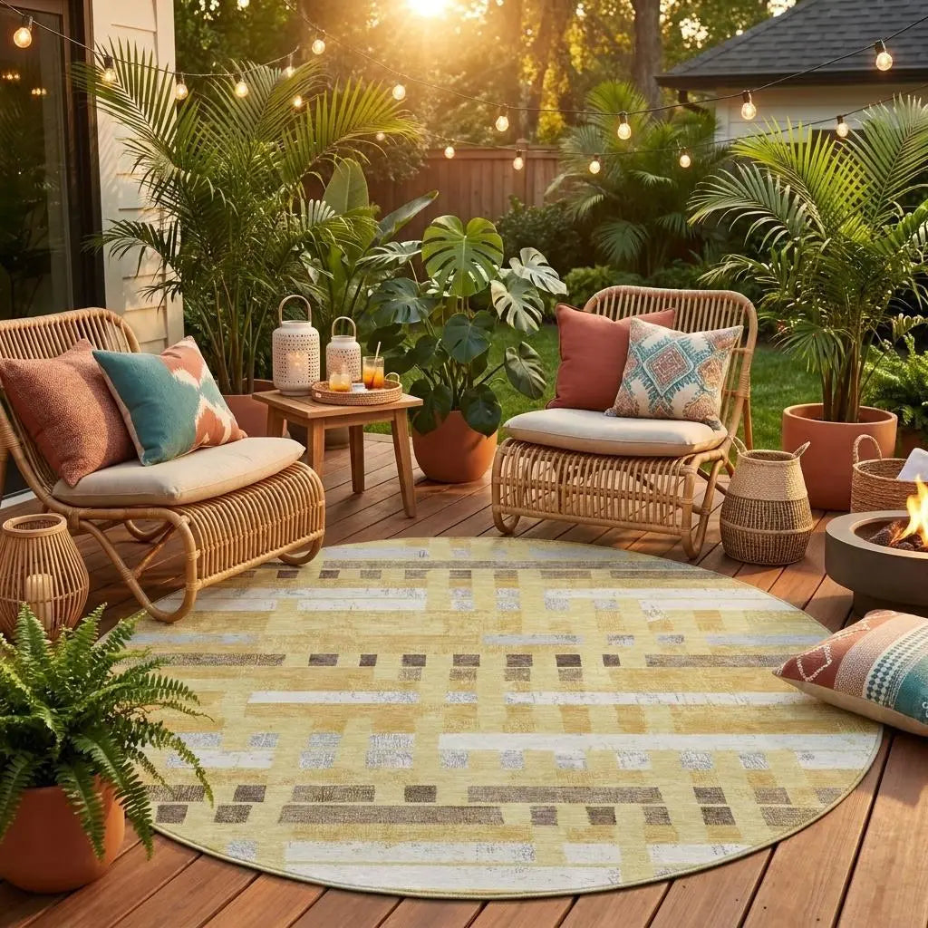 8' Wheat And Gold Round Striped Washable Indoor Outdoor Area Rug Homeroots Outdoor