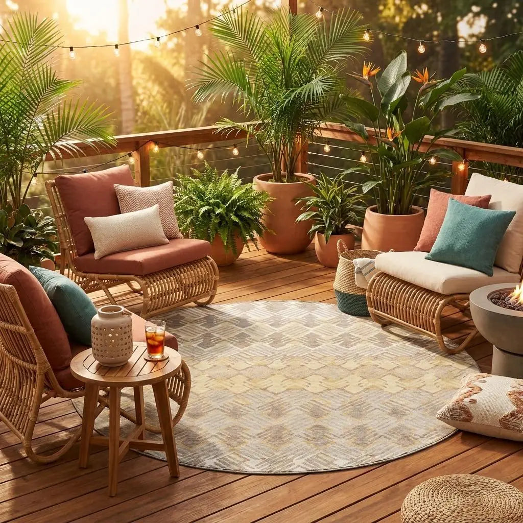 8' Wheat And Gold Round Striped Washable Indoor Outdoor Area Rug Homeroots Outdoor