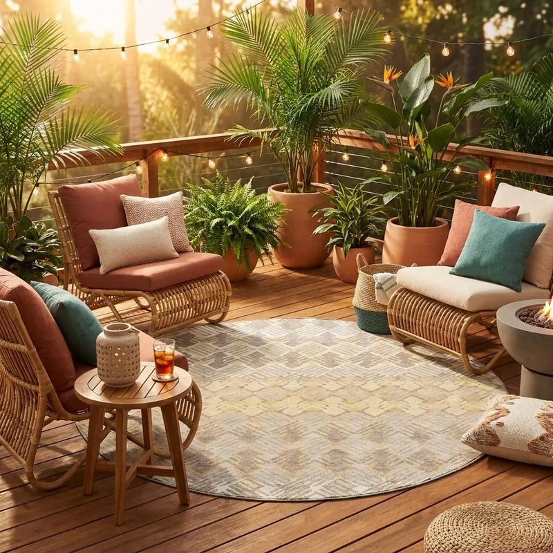8' Wheat And Gold Round Striped Washable Indoor Outdoor Area Rug Homeroots Outdoor