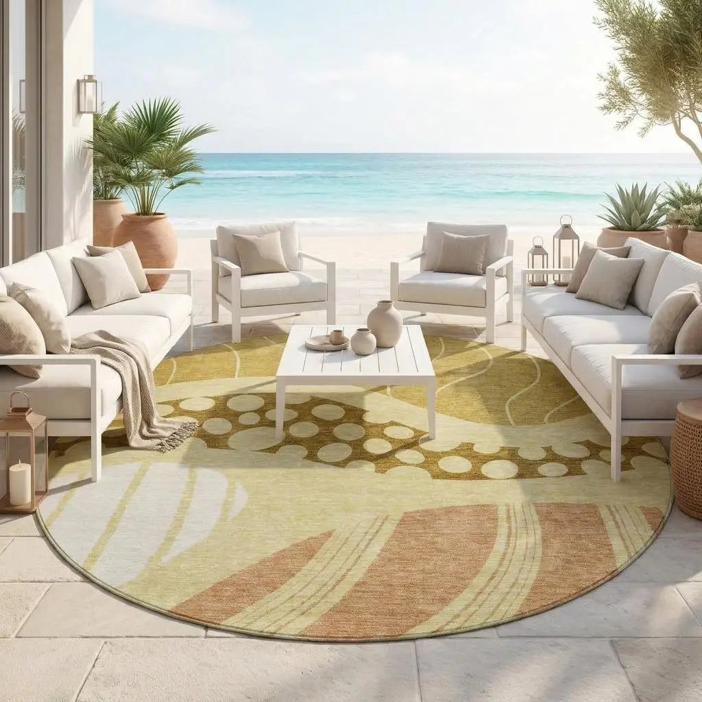 8' Wheat And Graphite Round Abstract Washable Indoor Outdoor Area Rug Homeroots Outdoor