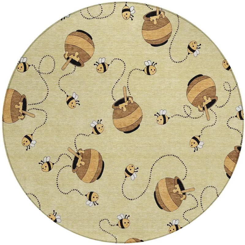8' Wheat And Ivory Round Geometric Washable Indoor Outdoor Area Rug Homeroots Outdoor