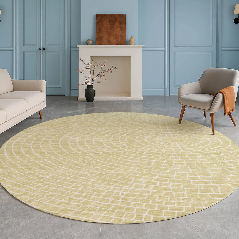 8' Wheat And Ivory Round Geometric Washable Indoor Outdoor Area Rug Homeroots Outdoor