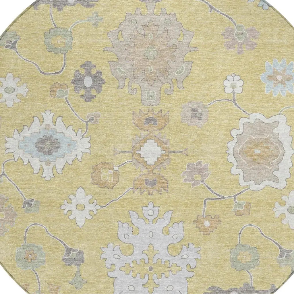 8' Wheat And Ivory Round Oriental Washable Indoor Outdoor Area Rug Homeroots Outdoor