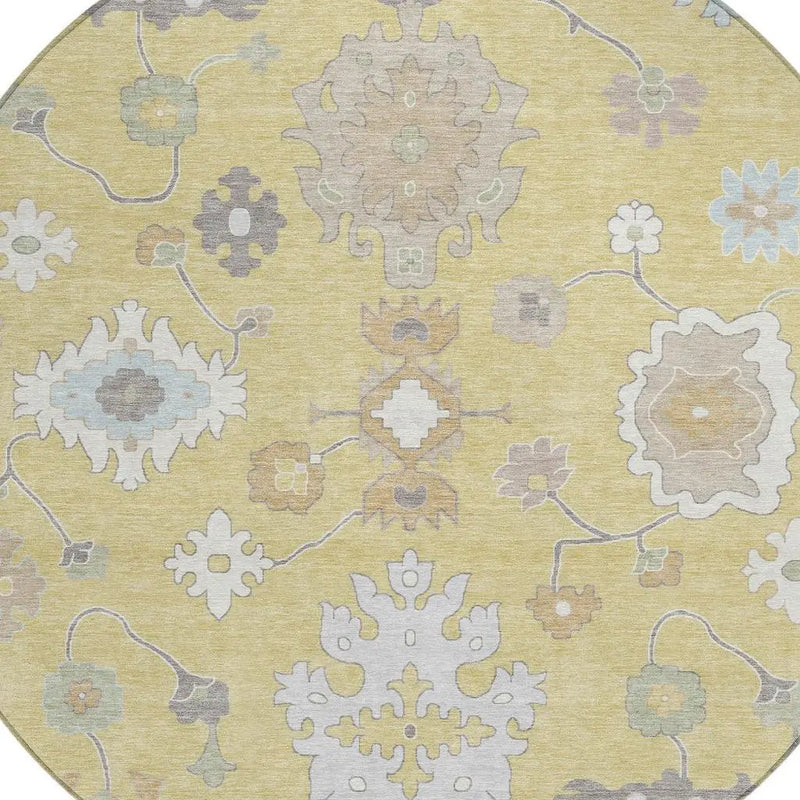 8' Wheat And Ivory Round Oriental Washable Indoor Outdoor Area Rug Homeroots Outdoor