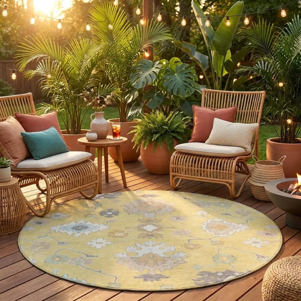 8' Wheat And Ivory Round Oriental Washable Indoor Outdoor Area Rug Homeroots Outdoor