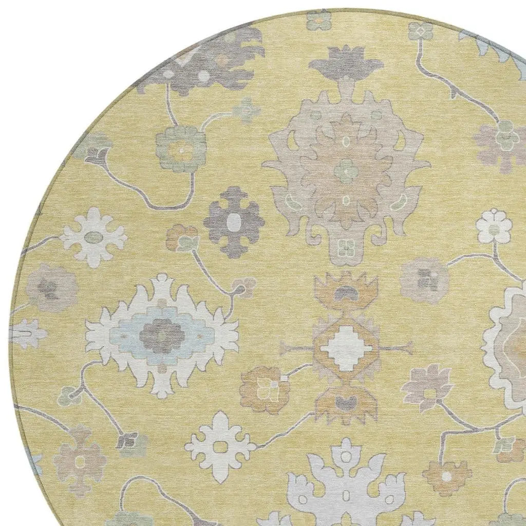 8' Wheat And Ivory Round Oriental Washable Indoor Outdoor Area Rug Homeroots Outdoor