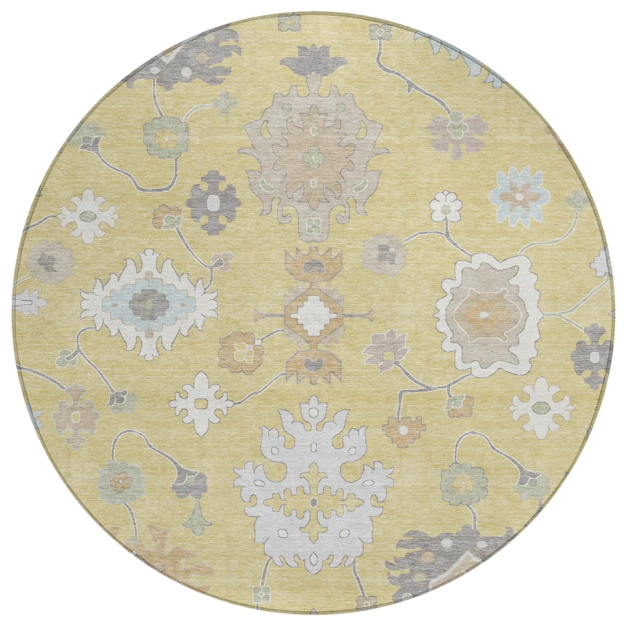 8' Wheat And Ivory Round Oriental Washable Indoor Outdoor Area Rug Homeroots Outdoor