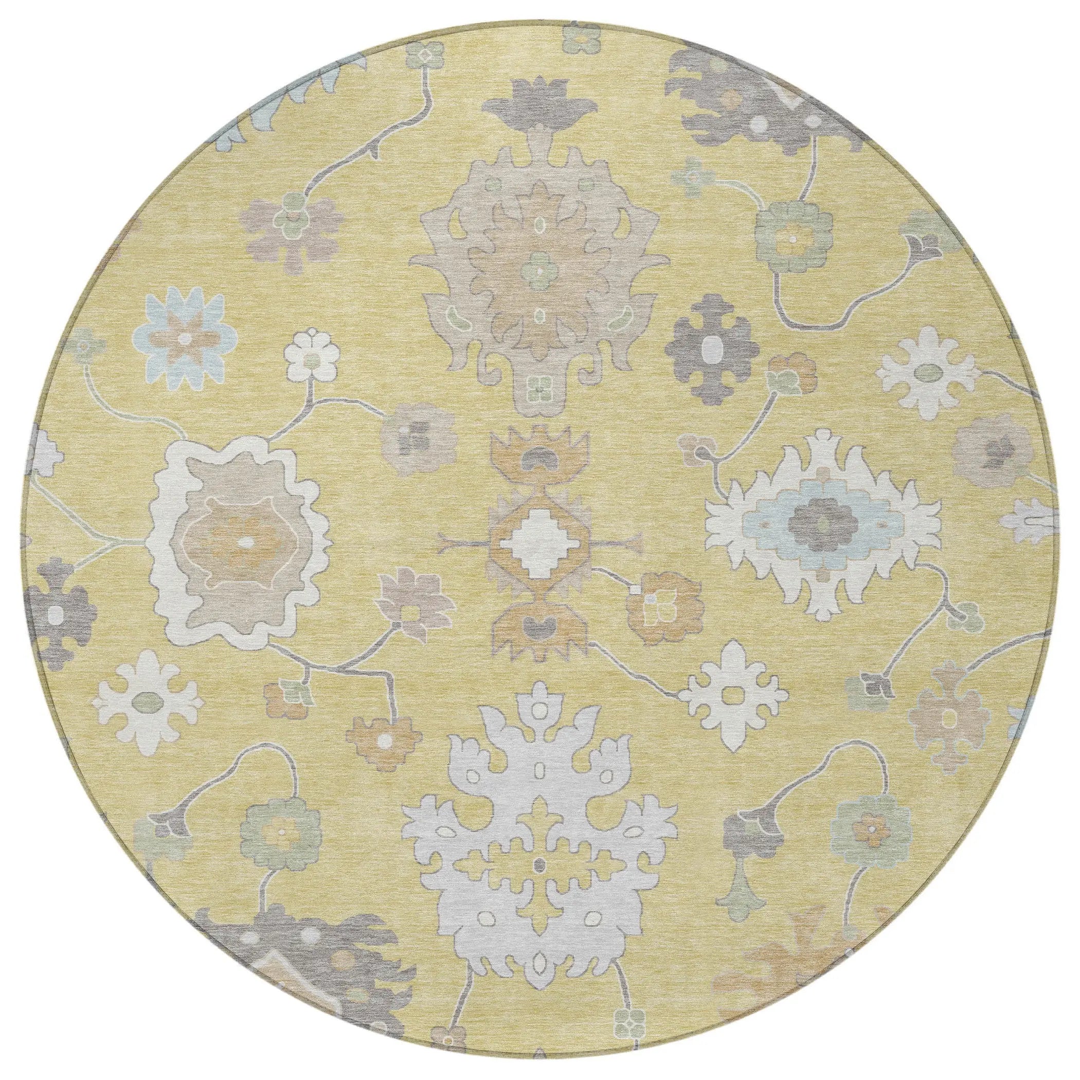 8' Wheat And Ivory Round Oriental Washable Indoor Outdoor Area Rug Homeroots Outdoor